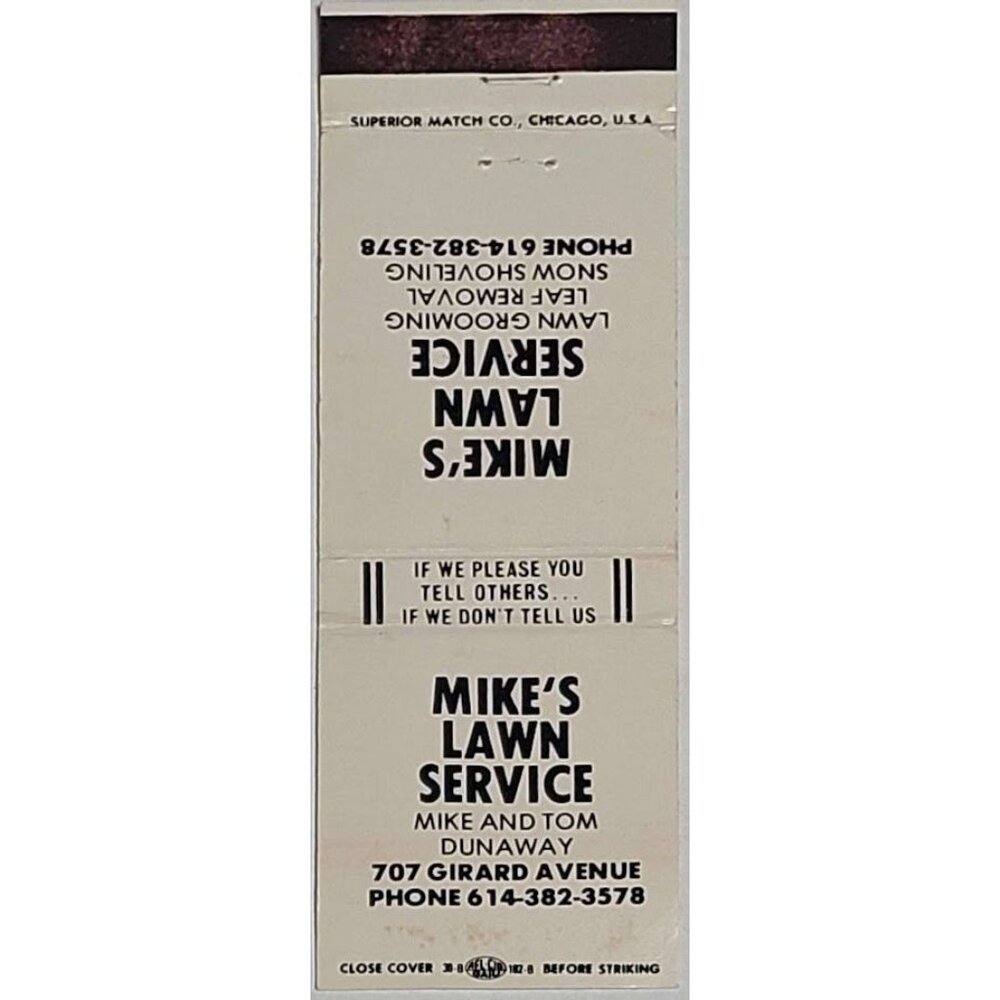 Vintage Matchbook Cover Mike’s Lawn Service Columbus Ohio OH Mike Tom Dunaway